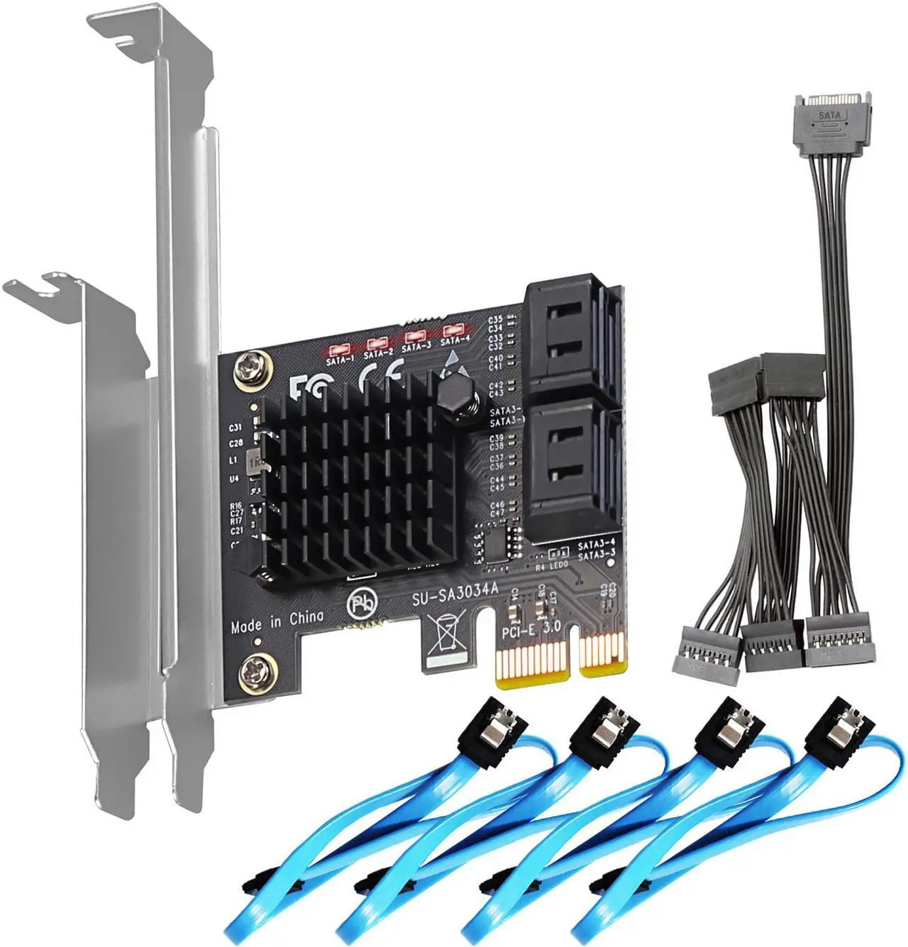 Tarjeta de expansión GLOTRENDS SA3034A de 4 puertos PCIe SATA 3.0, incluye cables SATA y cable divisor de alimentación SATA 1:5, compatible con arranque de sistema operativo, compatible con Windows, Linux, Mac OS y NAS.